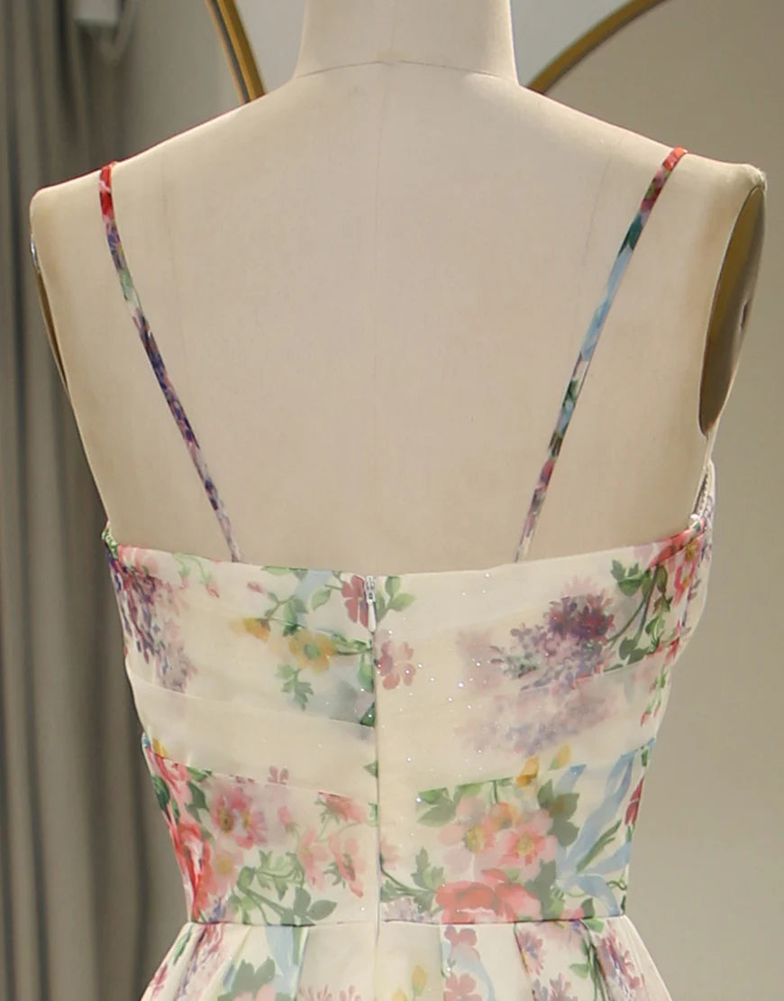 A-Line Spaghetti Straps Print Long Prom Dress With Split