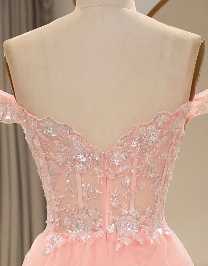 A Line Off the Shoulder Long Layers Prom Dress with Appliques