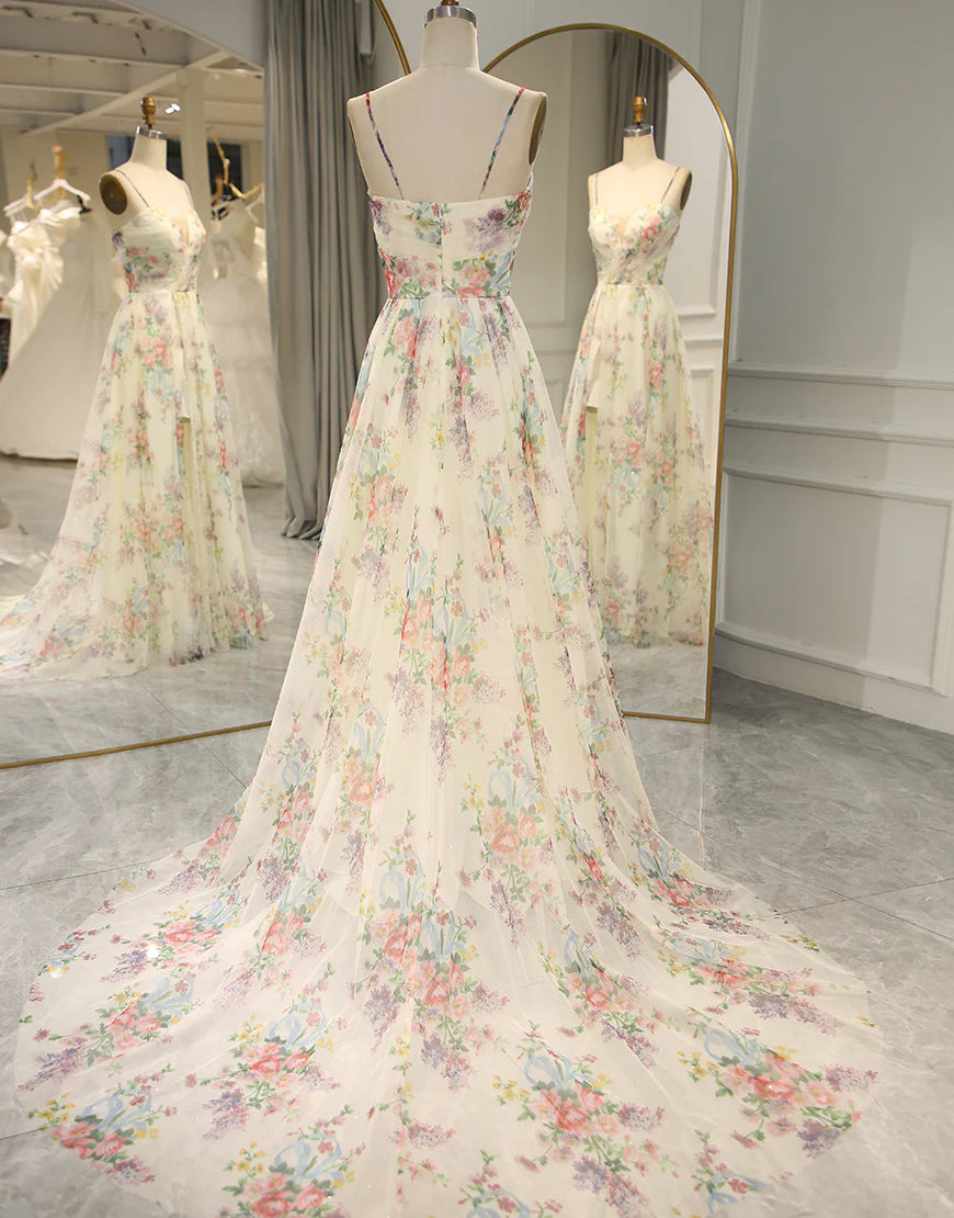 A-Line Spaghetti Straps Print Long Prom Dress With Split