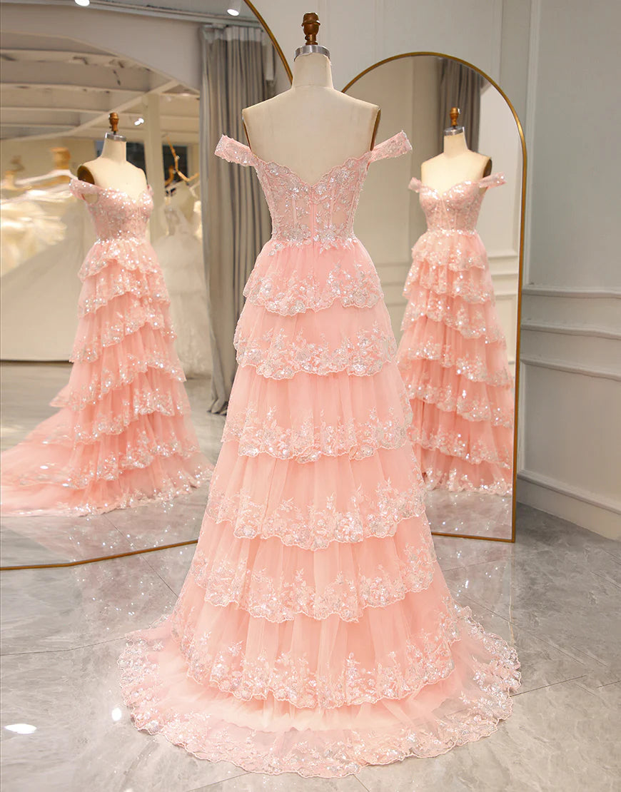 A Line Off the Shoulder Long Layers Prom Dress with Appliques