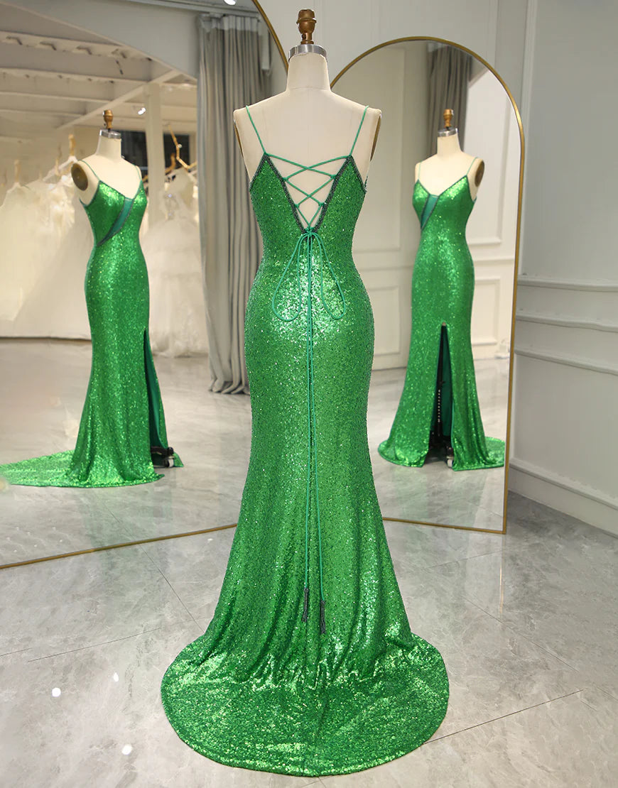 Spaghetti Straps Green Sequins Long Prom Dress with Split Front