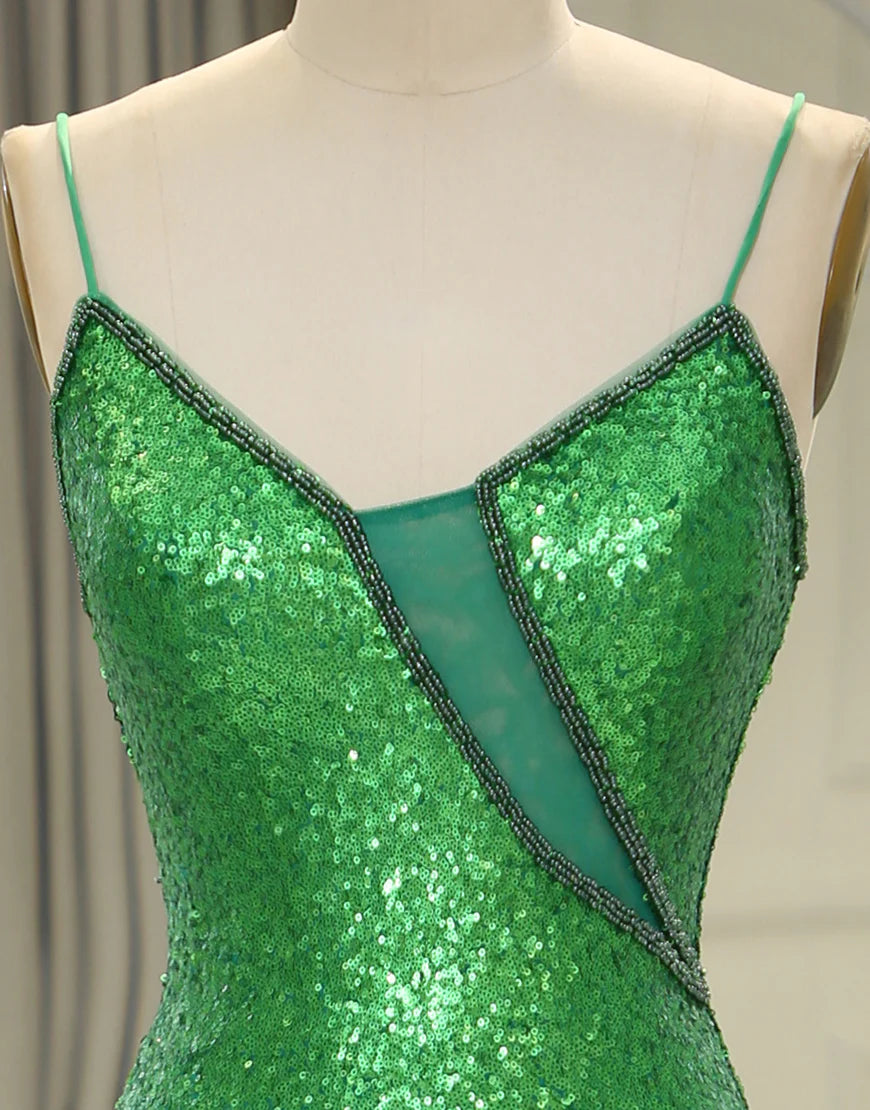 Spaghetti Straps Green Sequins Long Prom Dress with Split Front
