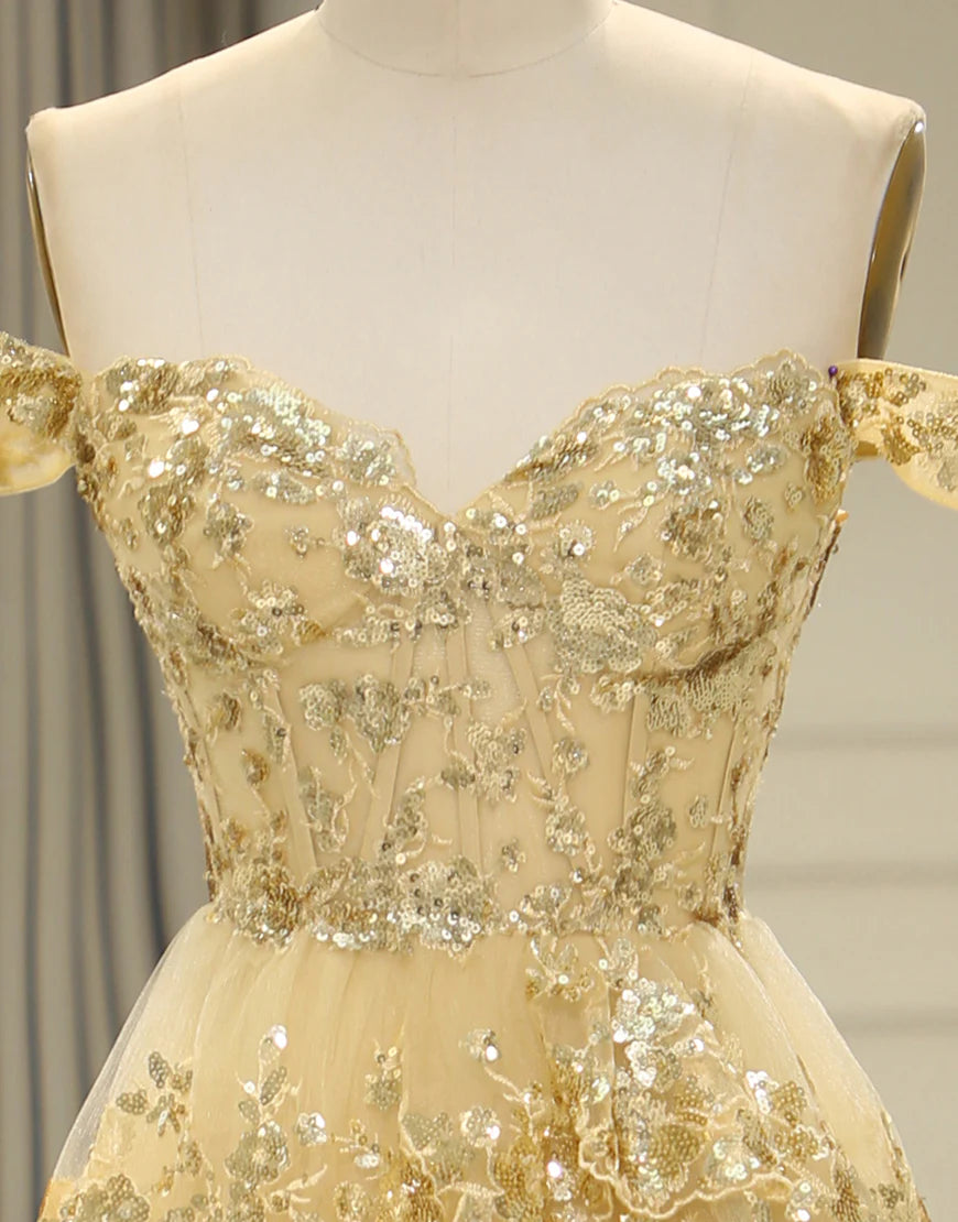 A Line Off the Shoulder Long Layers Prom Dress with Appliques