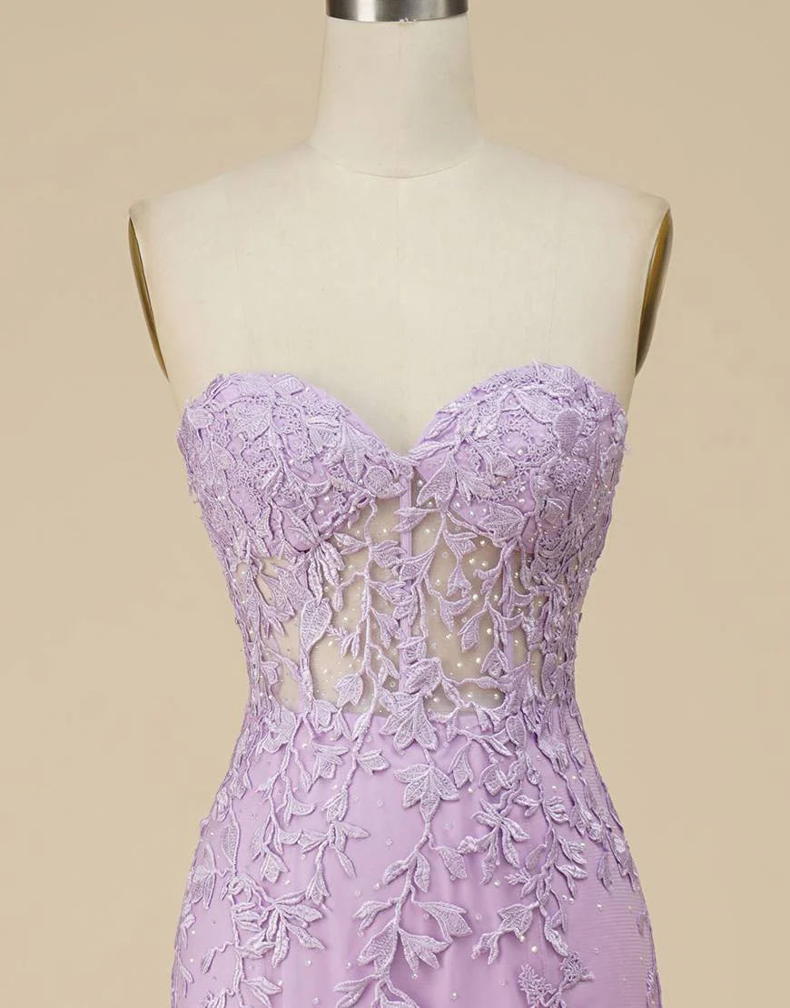 Strapless Lilac Long Prom Dress With Appliques