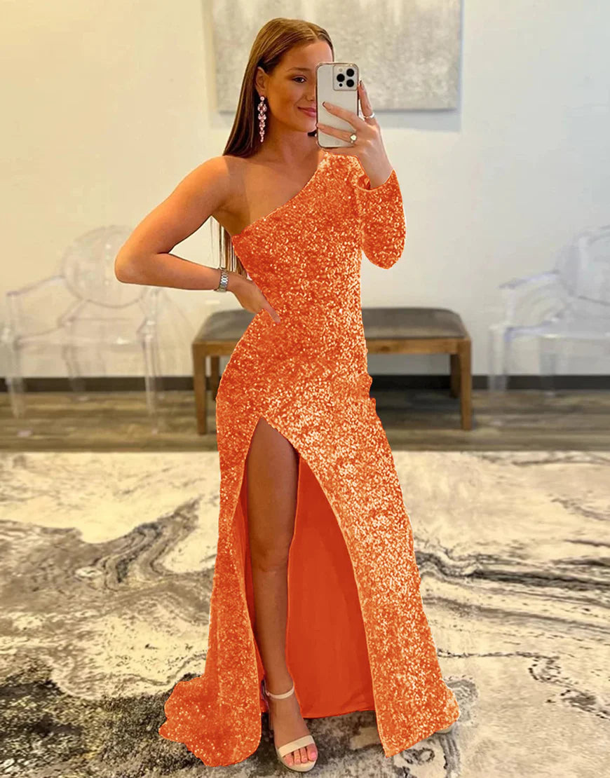 Sheath One Shoulder Sequins Prom Dress With Slit