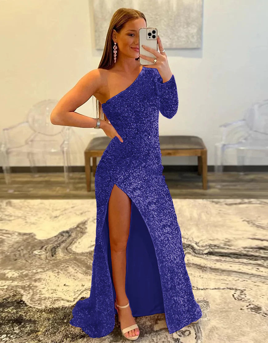 Sheath One Shoulder Sequins Prom Dress With Slit