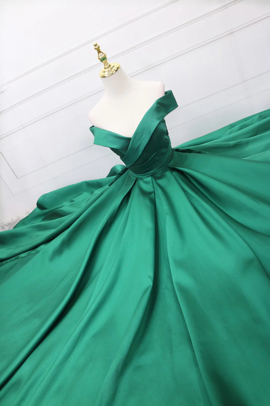 Dark Green Satin Off the Shoulder Floor Length Long Prom Dress Evening Party Dress