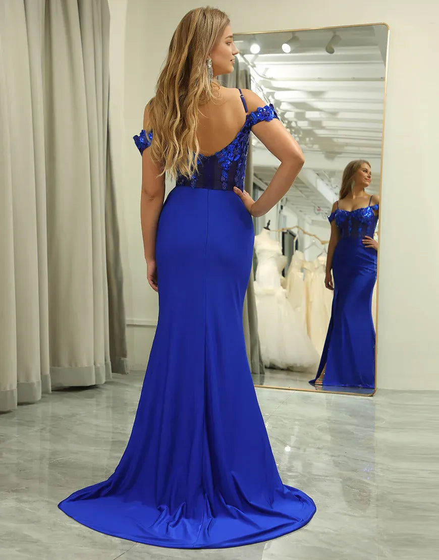 Mermaid Sparkly Royal Blue Long Prom Dress With Appliques