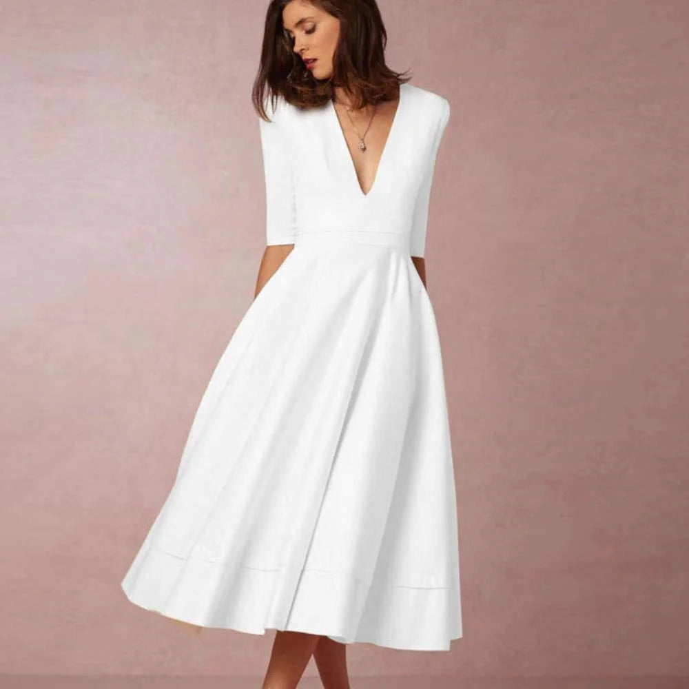 A-Line Special Occasion Dresses Party Dress Holiday Wedding Guest Tea Length Half Sleeve V Neck Pocket Jersey with Pleats White & Ivory ship in 48 hours