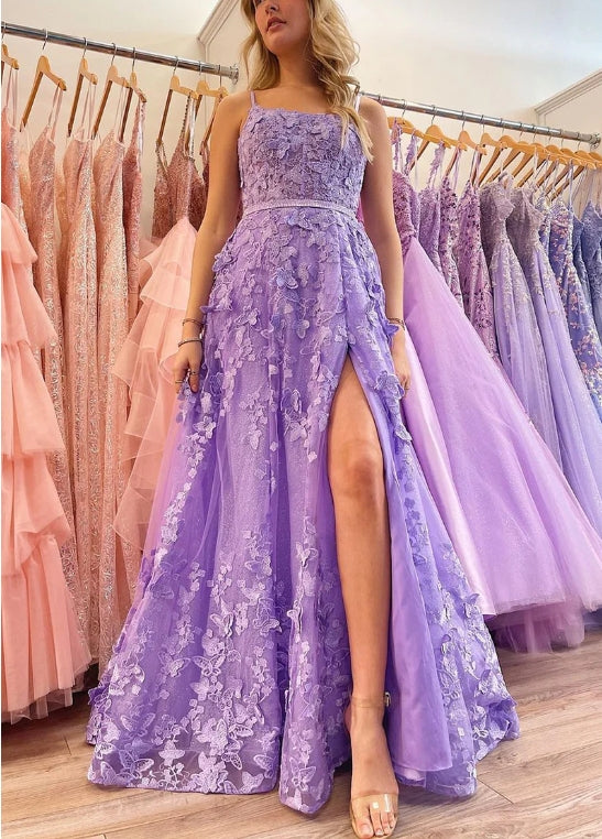 Charming A Line Spaghetti Straps Sweet Lace Appliques Long Prom Dress With Slit