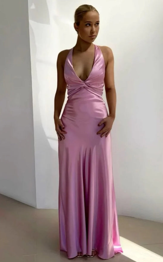 Elegant Gowns Evening Dresses Halter Pink V Neck Long Prom Dress Formal Party Dress Charming