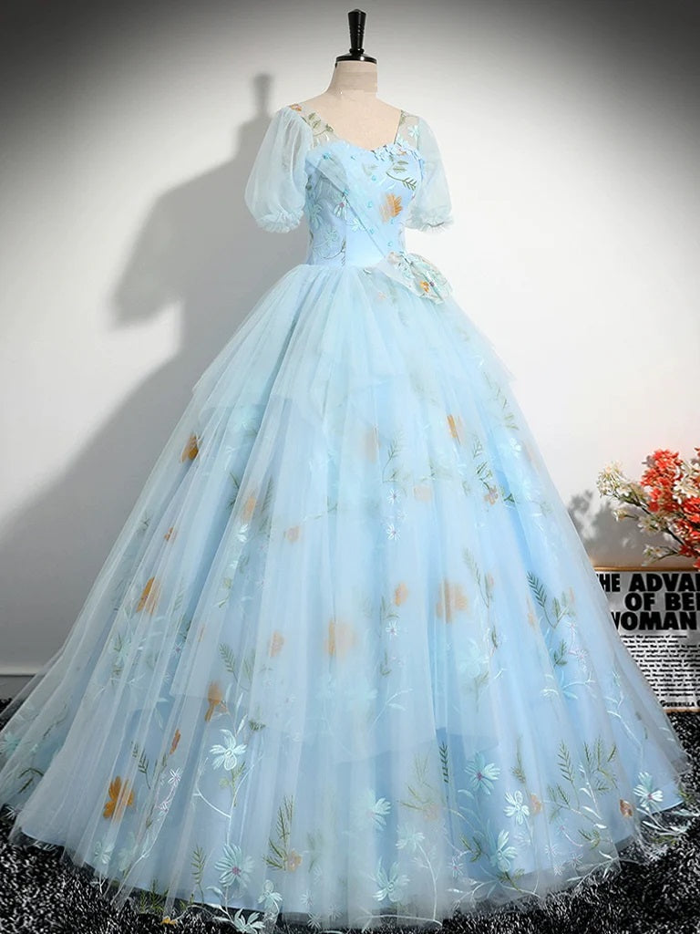 Ball Gown Quinceanera Dresses Princess Dress V Neck Tulle Lace Blue Long Prom Dress A-Line Blue Lace Long Sweet Dress