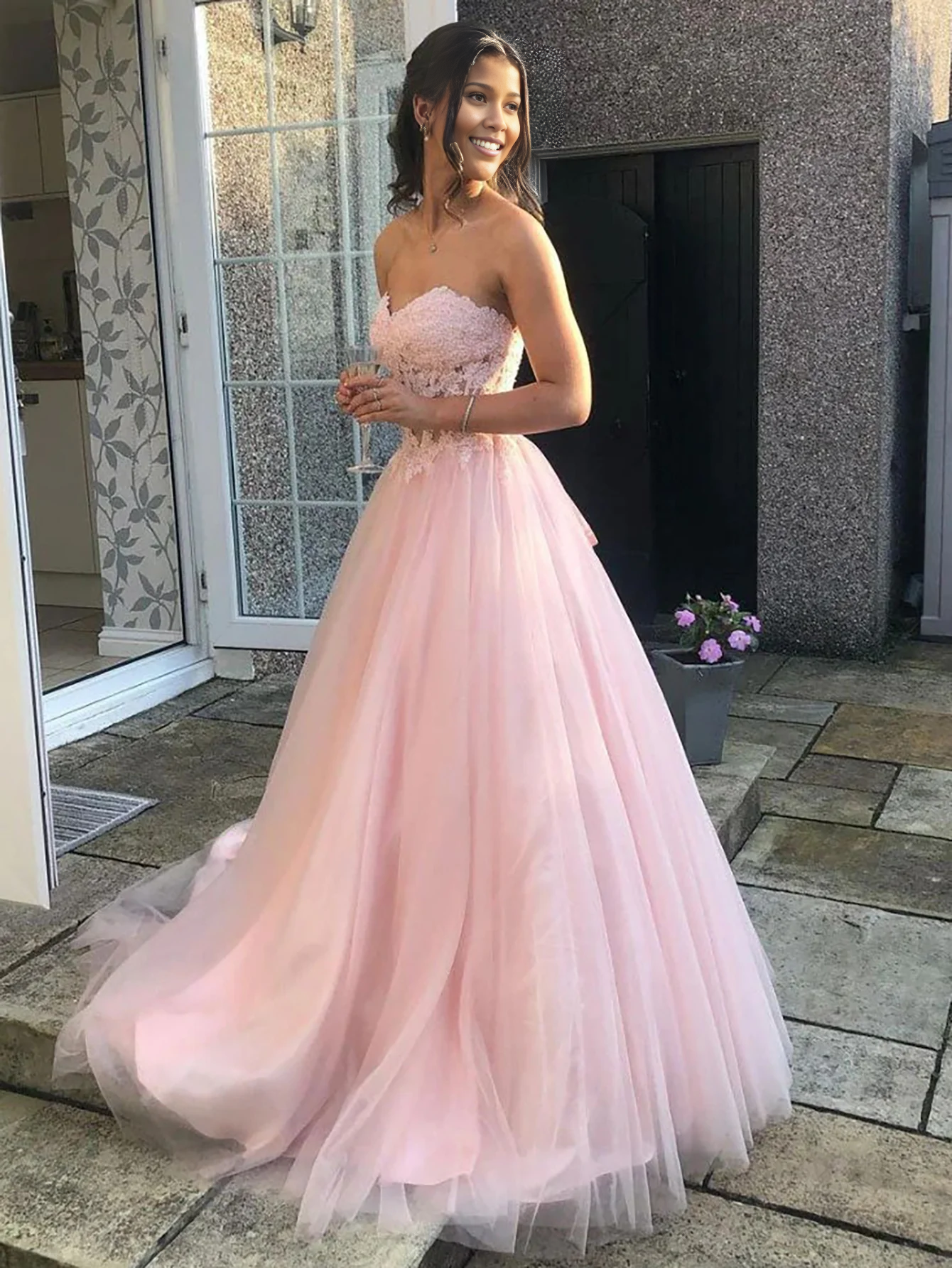 Strapless Tulle Sweetheart Long Prom Dress With Appliques