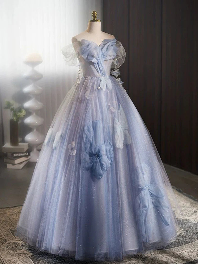 A-Line Off The Shoulder Tulle Flower Blue Long Prom Dress Blue Long Sweet 16 Dress