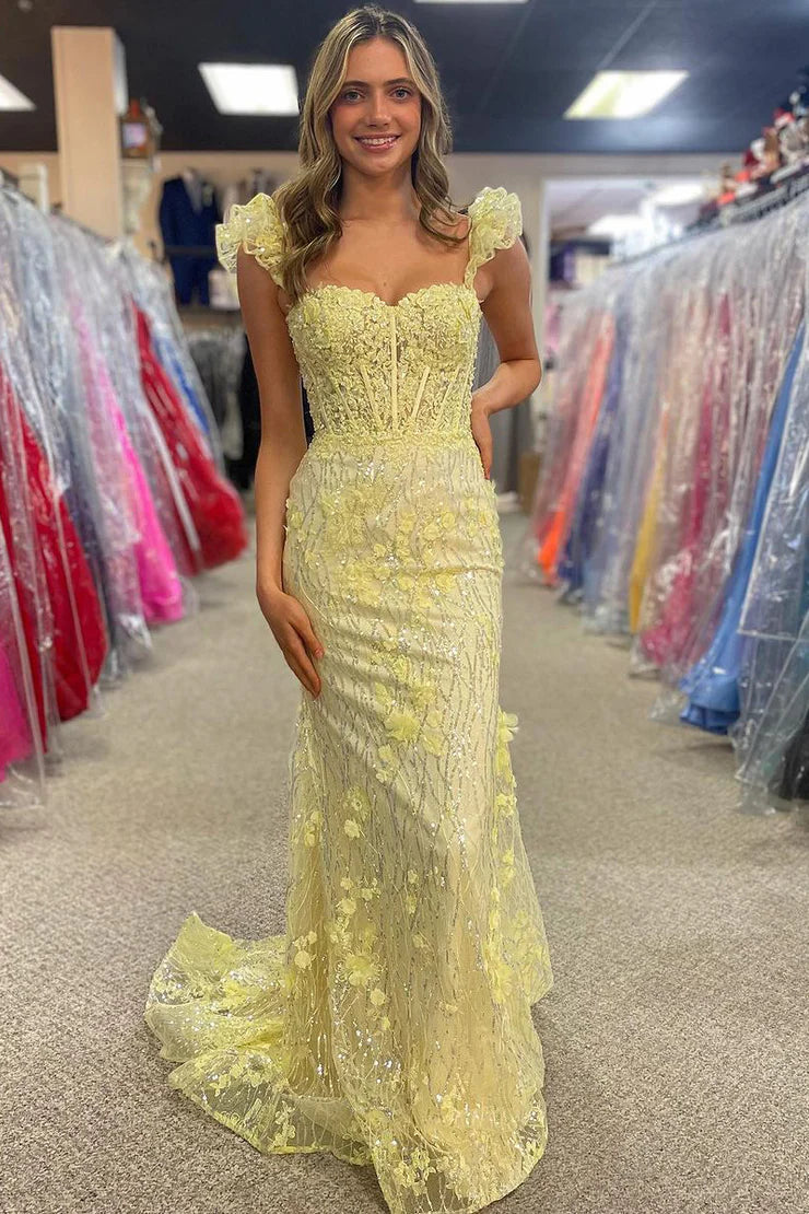 Sheath/Mermaid Sweetheart Yellow Lace Sequins Long Prom Dresses