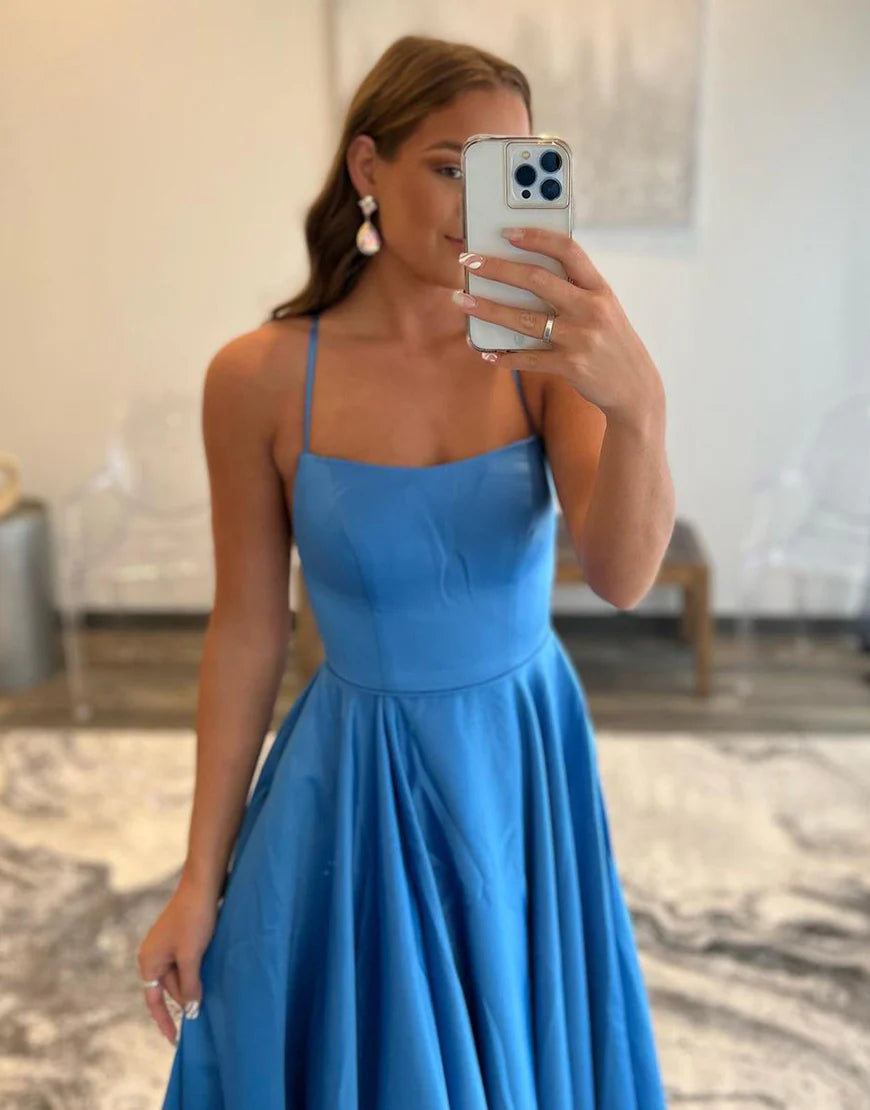 A-Line Simple Blue Spaghetti Straps Backless Long Prom Dress