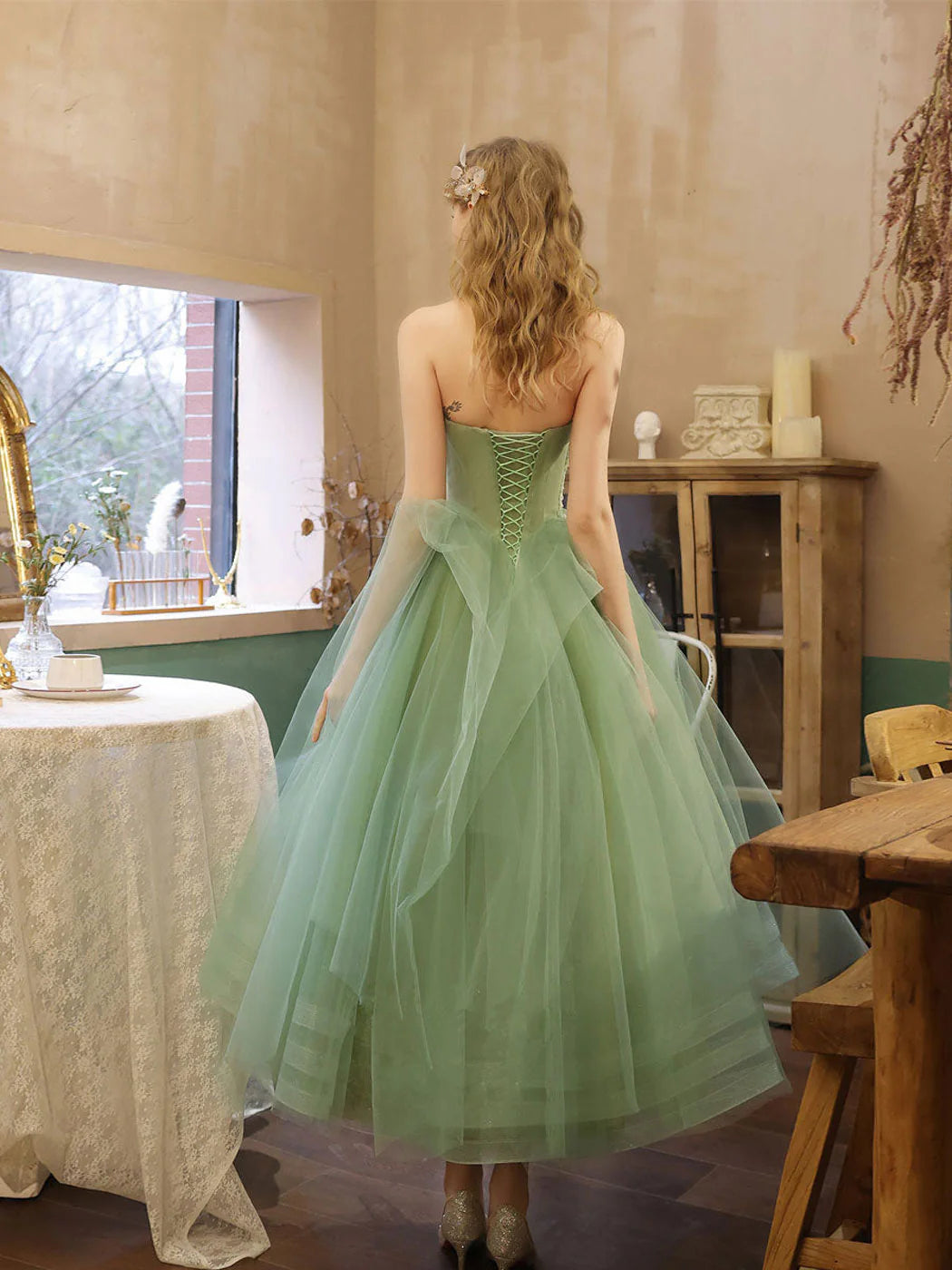 Quinceanera Dresses Princess Cute Prom Dress Tulle Green Sweetheart Strapless Tea Length Tulle Prom Dresses Short Green Sweet 16 Dress