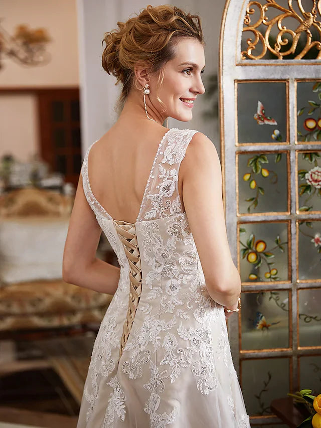 A-Line Wedding Dresses V Neck Court Train Lace Tulle Regular Straps Romantic Illusion Detail with Beading Appliques
