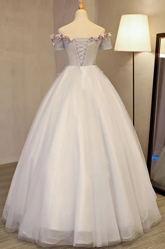 Ball Gown Prom Dresses Floral Dress Quinceanera Gray Tulle Applique Long Prom Dress Sweet 16 Dress