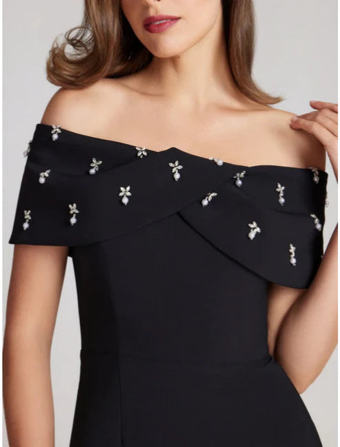 Sheath / Column Elegant Wedding Guest Dresses Elegant Dress Homecoming Knee Length Black Dress Short Sleeve Off Shoulder Stretch Fabric with Crystals