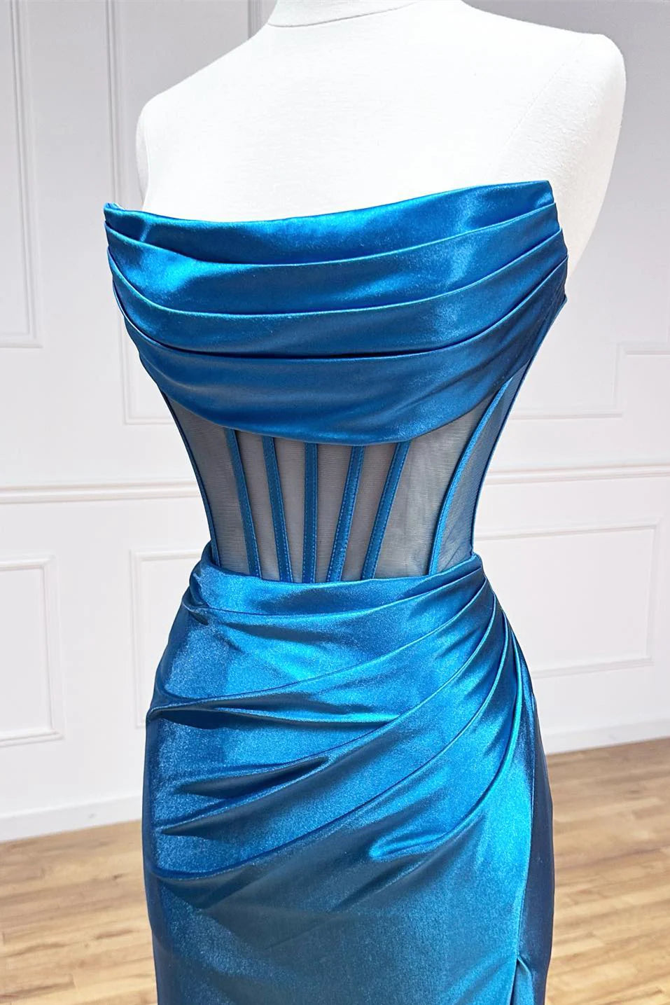 Sheath Mermaid  Strapless Pleated Boning Sheer Satin Long Prom Dress with Slit