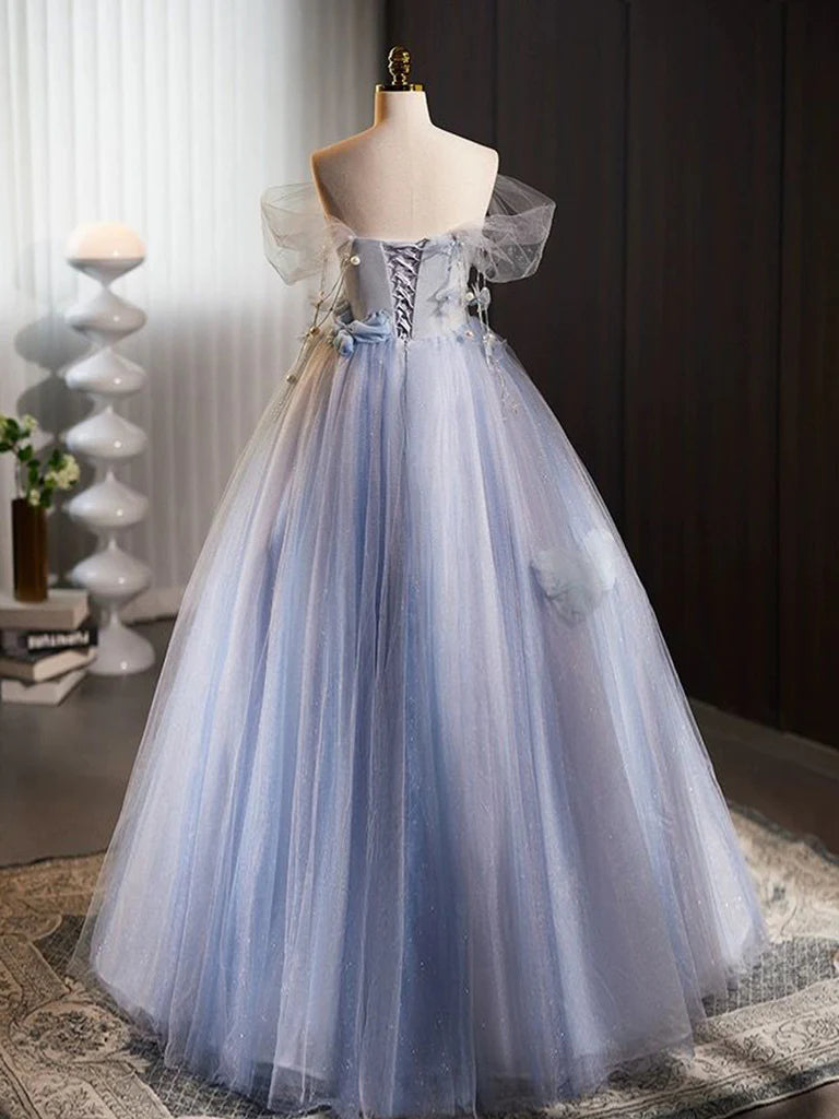 A-Line Off The Shoulder Tulle Flower Blue Long Prom Dress Blue Long Sweet 16 Dress