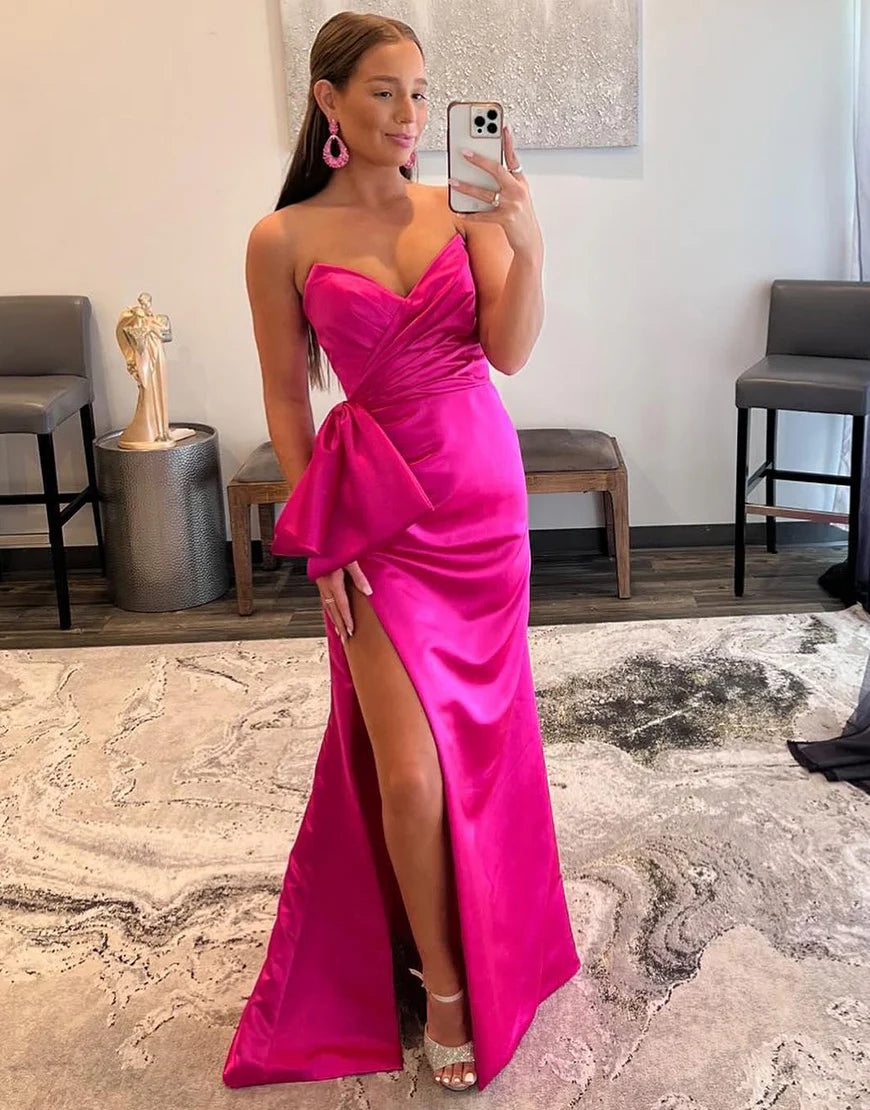 Strapless Sweetheart Hot Pink Prom Dress with Bow