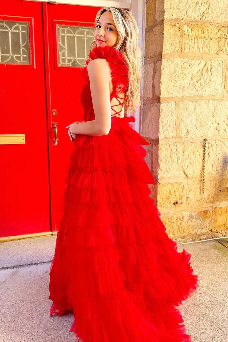 A Line Princess Sweetheart Red Tulle Tiered Long Prom Dresses with Slit