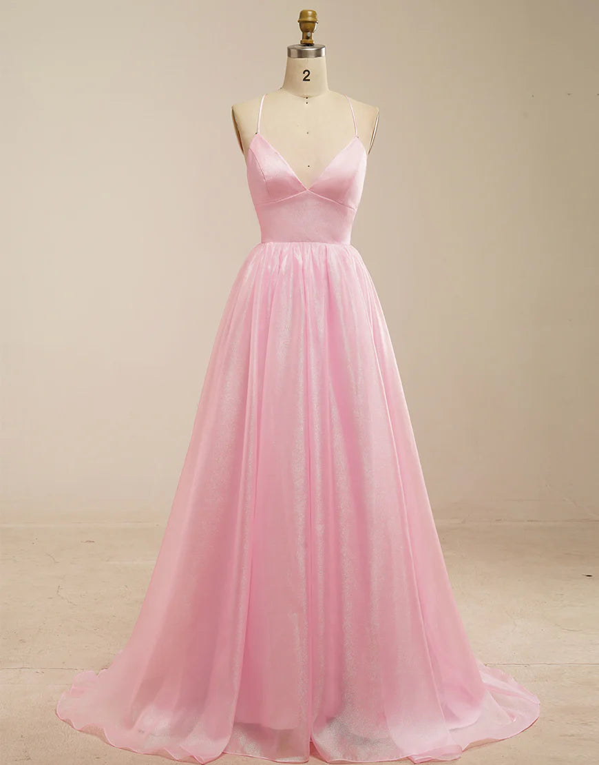 A-Line Spaghetti Straps Pink Prom Dress with Lace-Up Back