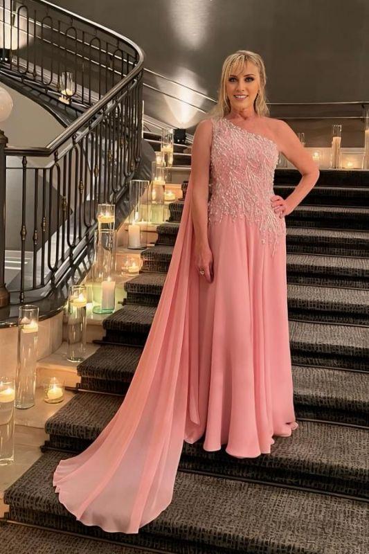 Sheath One Shoulder Chiffon Wedding Guest Dress Pearls Long Mother of the bride Dress With Appliques