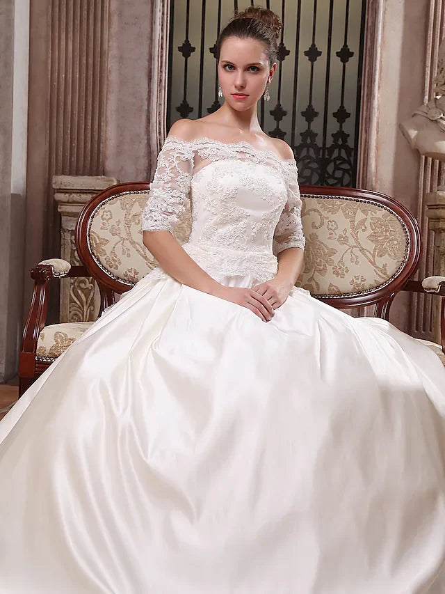 Ball Gown Wedding Dresses Scalloped-Edge Off Shoulder Court Train Satin Half Sleeve with Appliques