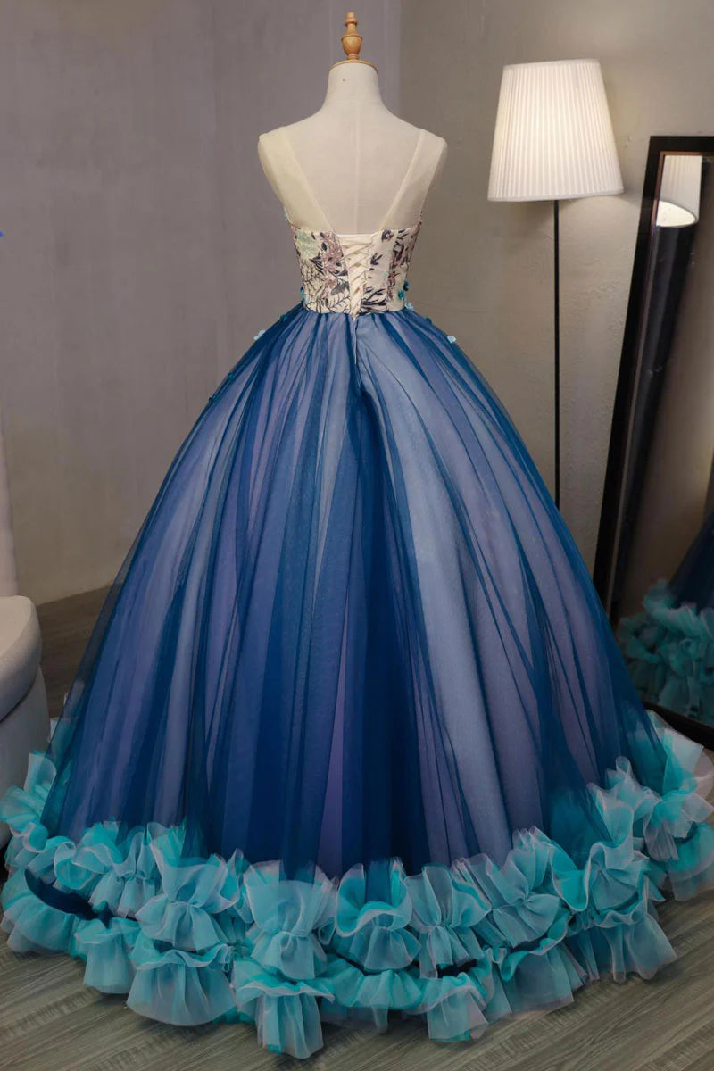 Ball Gown Prom Dresses Elegant Dress Quinceanera Green V Neck Tulle  Long Prom Dress Sweet 16 Dress