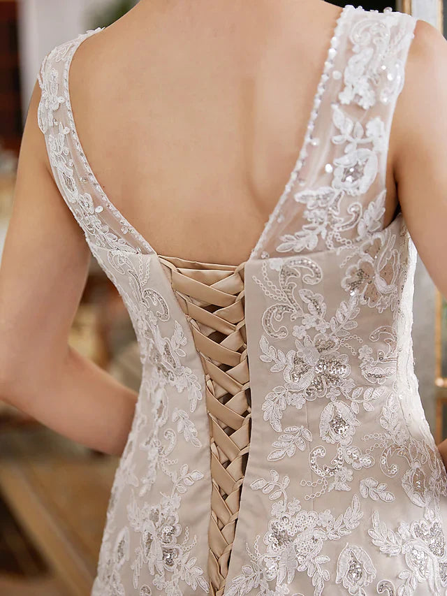 A-Line Wedding Dresses V Neck Court Train Lace Tulle Regular Straps Romantic Illusion Detail with Beading Appliques