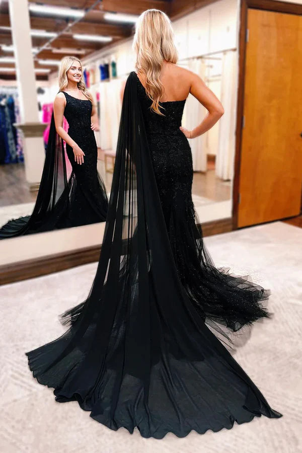 Black One Shoulder Appliques Mermaid Long Prom Dresses Charming Evening Dress