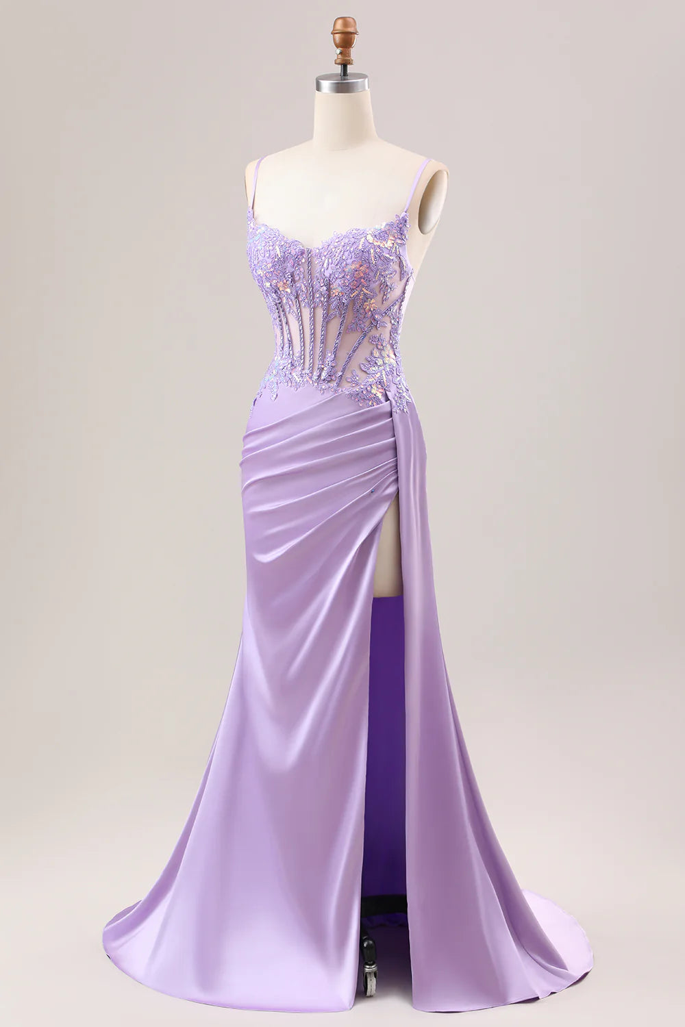 Sheath Mermaid Stylish Lilac Pleated Sequin Corset Long Prom Dress With Slit