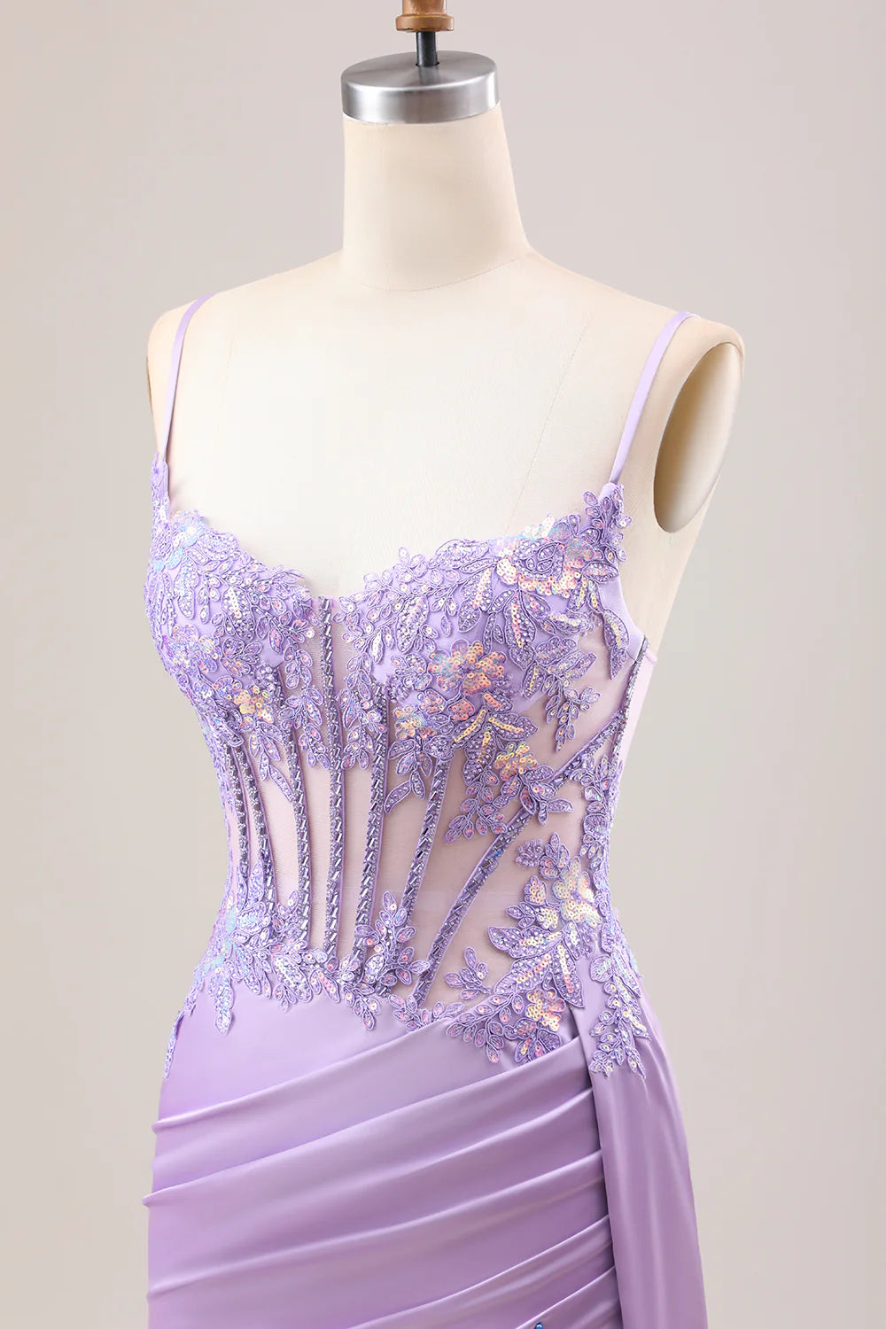 Sheath Mermaid Stylish Lilac Pleated Sequin Corset Long Prom Dress With Slit