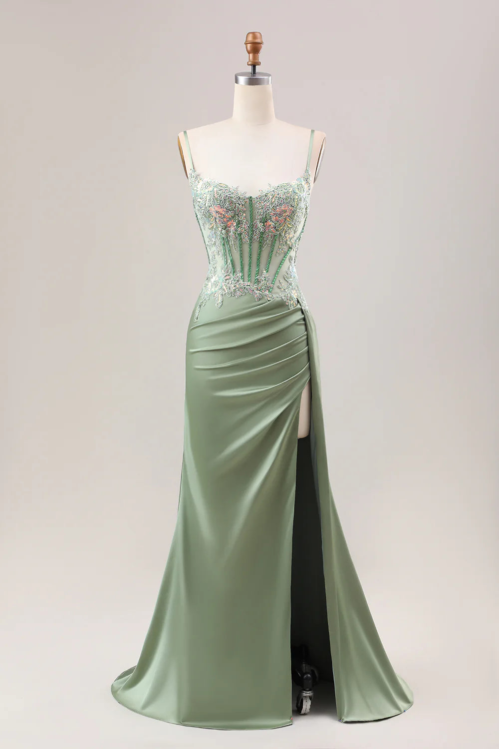 Sheath Mermaid Stylish Lilac Pleated Sequin Corset Long Prom Dress With Slit