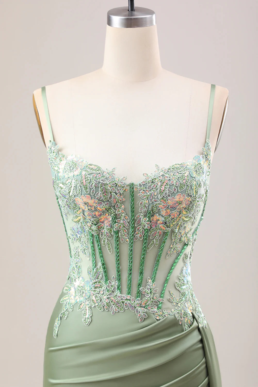 Sheath Mermaid Stylish Lilac Pleated Sequin Corset Long Prom Dress With Slit