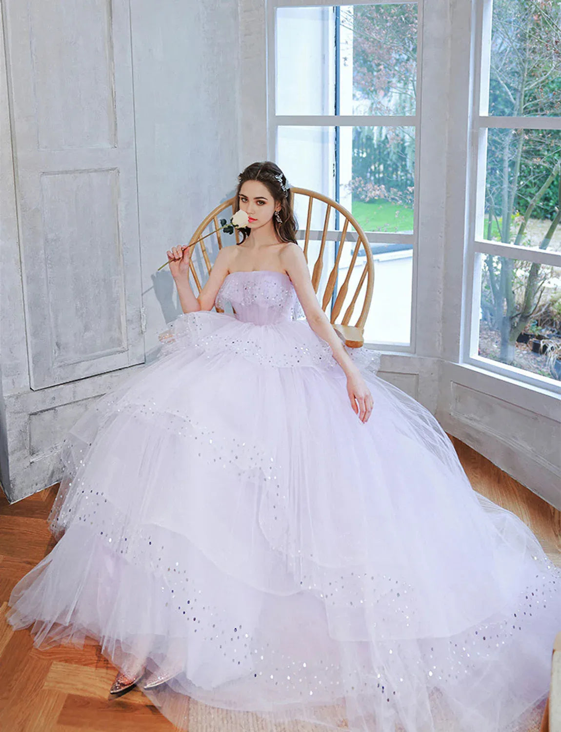 Ball Gown Princess Dress Performance Quinceanera Strapless Floor Length Sweetheart Tulle Layers Long Prom Gown Sweet 16 Dress