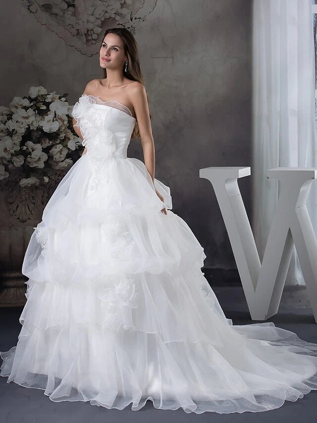A-Line Wedding Dresses Strapless Chapel Train Organza Satin Strapless with Pick Up Skirt With Organza Layers