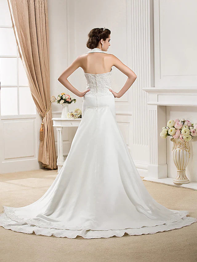 Wedding Dresses Halter Neck Court Train Satin Sleeveless with Appliques