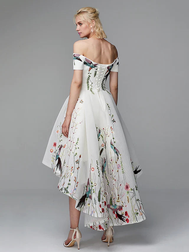 Ball Gown Elegant Floral High Low Cocktail Party Prom Valentine's Day Dress Off Shoulder Short Sleeve Asymmetrical Polyester with Embroidery