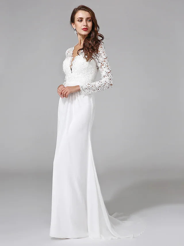 Wedding Dresses V NeckChiffon Floral Lace Long Sleeve Romantic Boho Illusion Sleeve with Back Lace Button