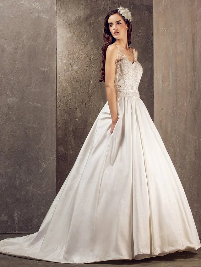 Princess A-Line Wedding Dresses V Neck Lace Taffeta Sleeveless With Embroidery