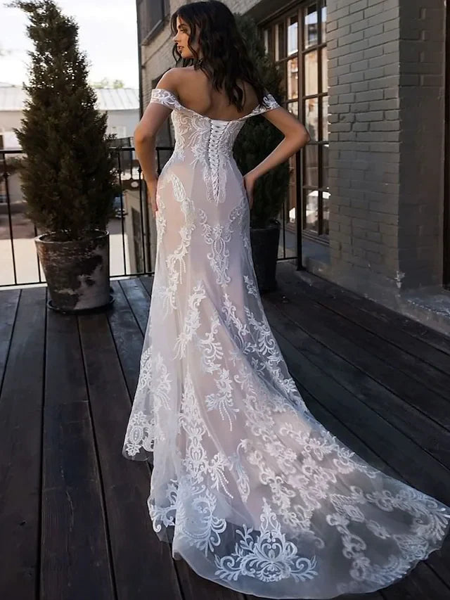Wedding Dresses Sweetheart Neckline Court Train Lace Regular Straps Boho Illusion Detail with Lace Off Shoulder