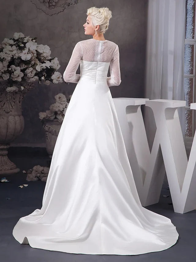 A-Line Wedding Dresses Jewel Neck Court Train Satin Tulle Length Sleeve Illusion Sleeve with Ruched