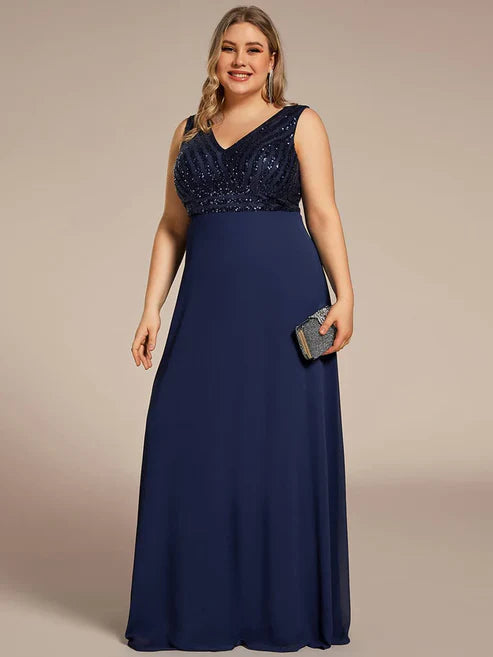 Plus Size Sequin Sleeveless Double V-Neck Formal Evening Dress/Prom Dresses Party Dresses Wedding Guest Dresses