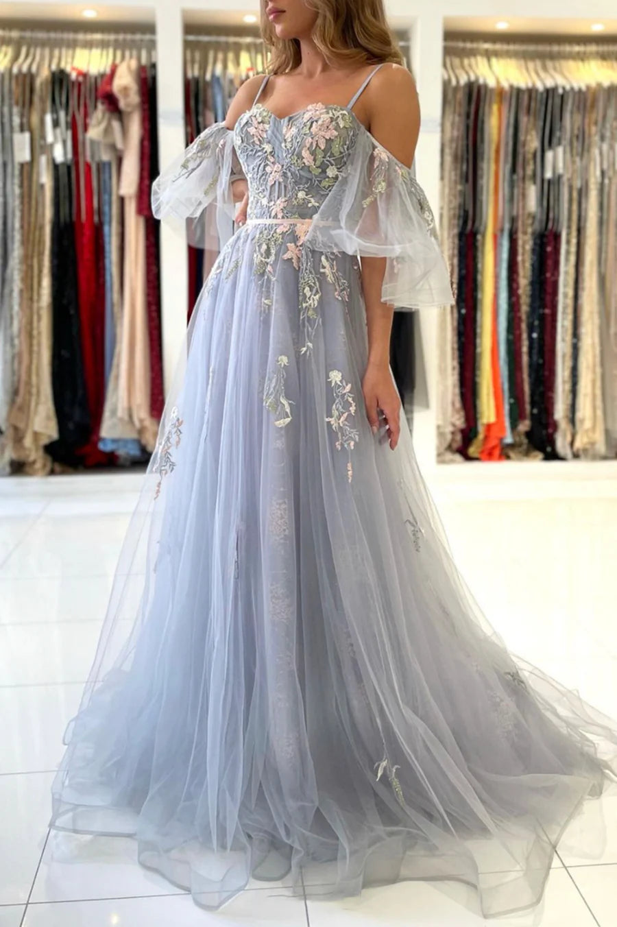 A-Line Off the Shoulder Gray Spaghetti Strap Party Dresses Long Prom Dresses With Appliques