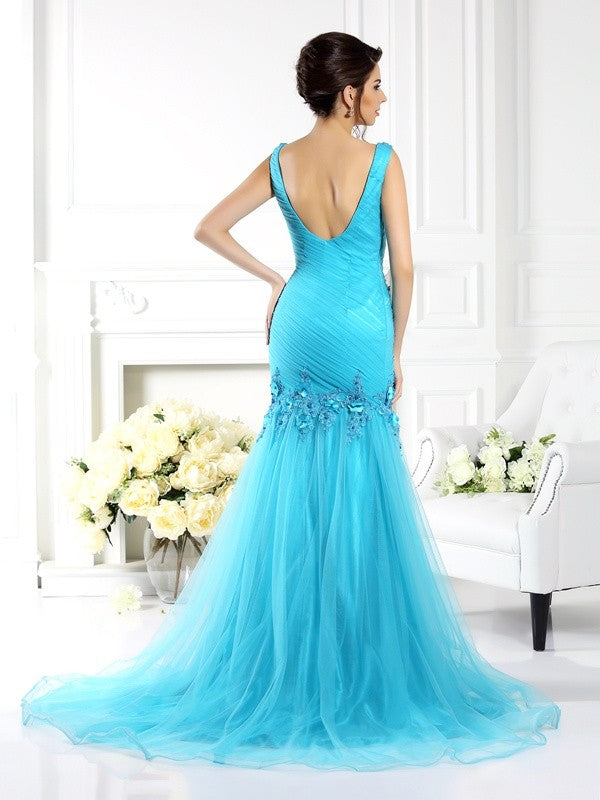 Trumpet/Mermaid Straps Applique Sleeveless Long Silk like Satin Dresses