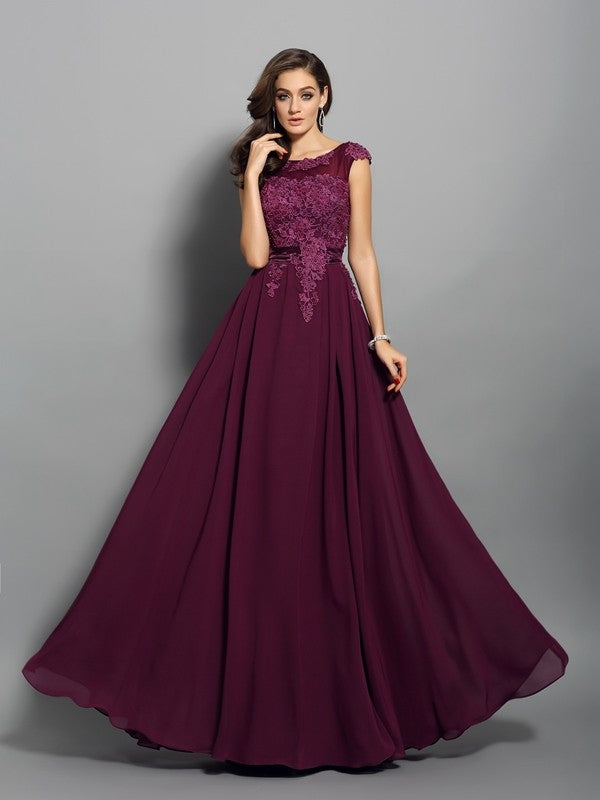 A-Line/Princess Scoop Applique Sleeveless Long Chiffon Party Dresses Formal Dresses